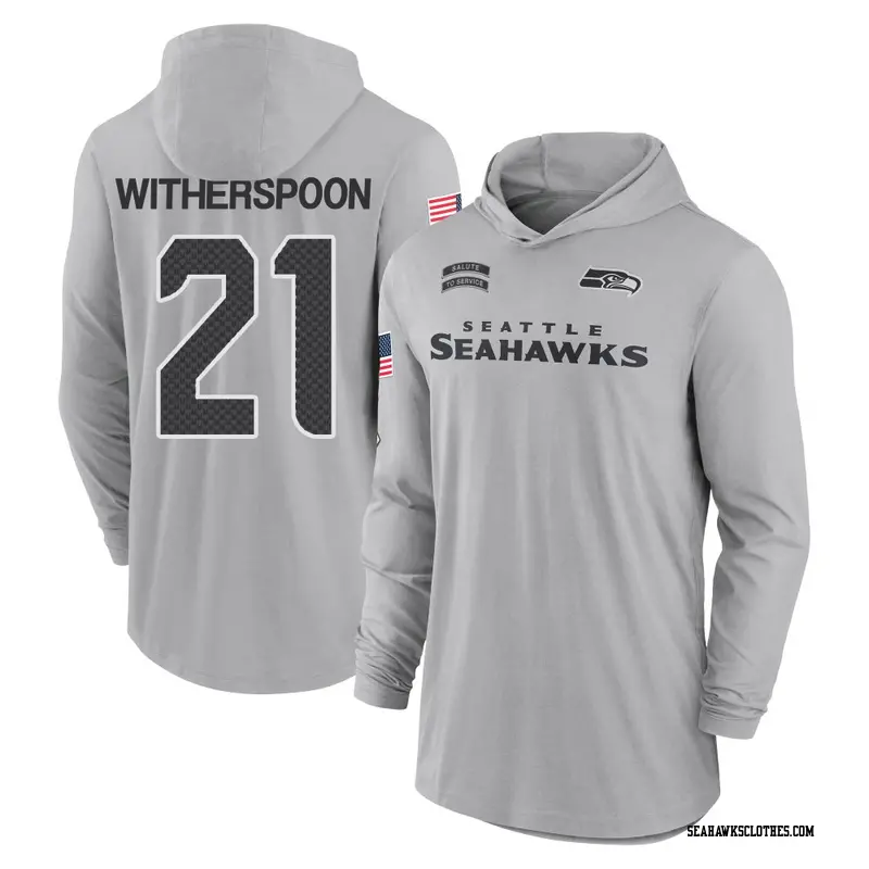 Men's Seattle Seahawks ＃21 Devon Witherspoon Gray 2024 Salute to Service Lightweight Performance Long Sleeve Hooded T-Shirt