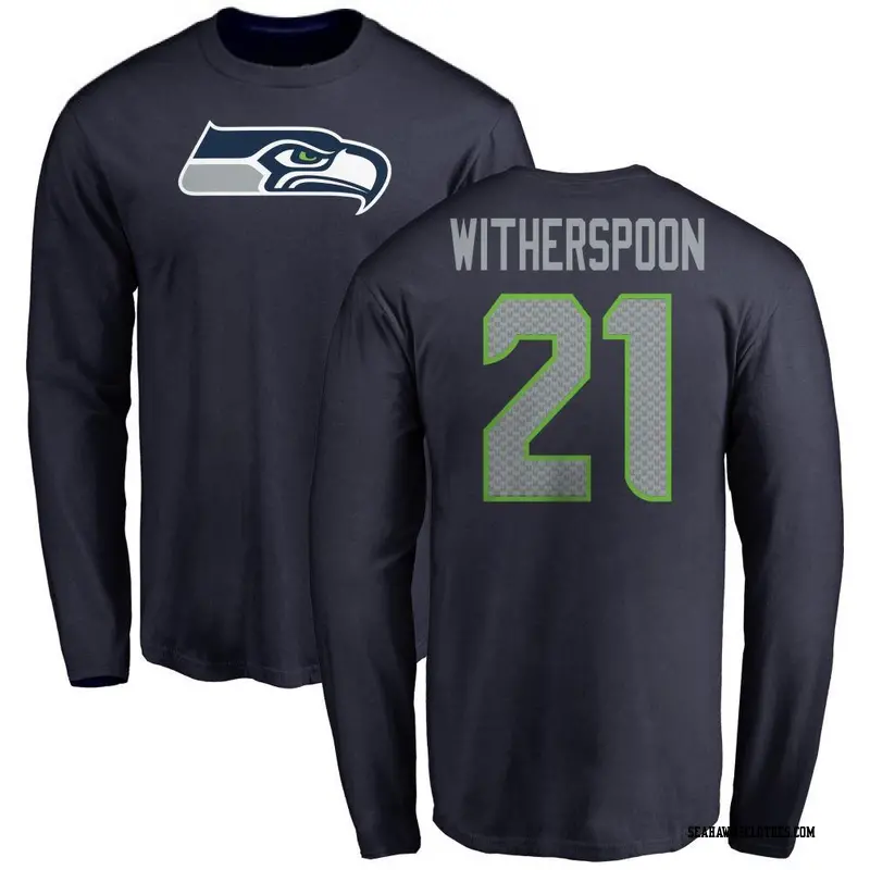 Men's Seattle Seahawks ＃21 Devon Witherspoon Navy Name & Number Logo Long Sleeve T-Shirt