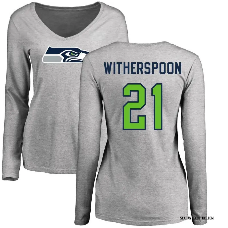 Women's Seattle Seahawks ＃21 Devon Witherspoon Ash Name & Number Logo Slim Fit Long Sleeve T-Shirt