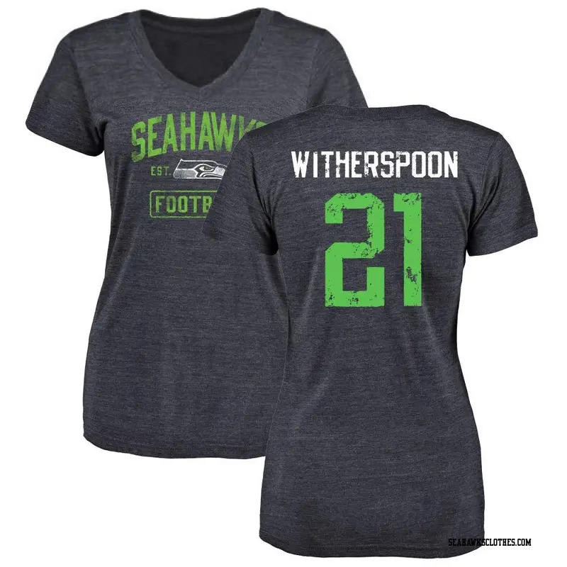 Women's Seattle Seahawks ＃21 Devon Witherspoon Navy Distressed Name & Number V-Neck T-Shirt