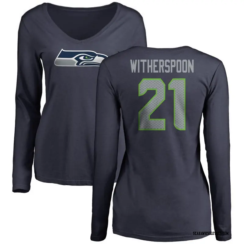 Women's Seattle Seahawks ＃21 Devon Witherspoon Navy Name & Number Logo Slim Fit Long Sleeve T-Shirt