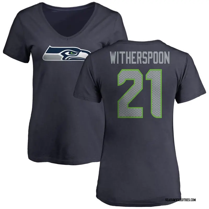 Women's Seattle Seahawks ＃21 Devon Witherspoon Navy Name & Number Logo Slim Fit T-Shirt